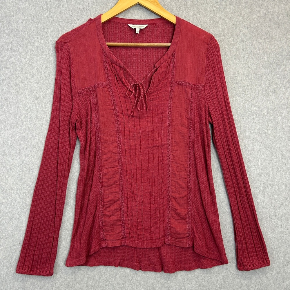 Lucky Brand Peasant Top Red Crochet Lace Waffle Knit Thermal Boho Womens Small